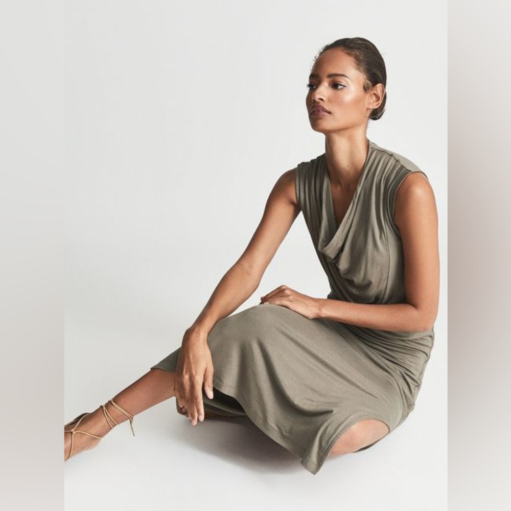 Reiss Green Pleated Cowl Neck Sheath Dress
